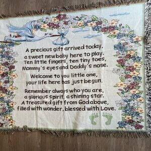 Welcome New Baby Tapestry Throw Blanket Stork Footprints Precious Gift From God